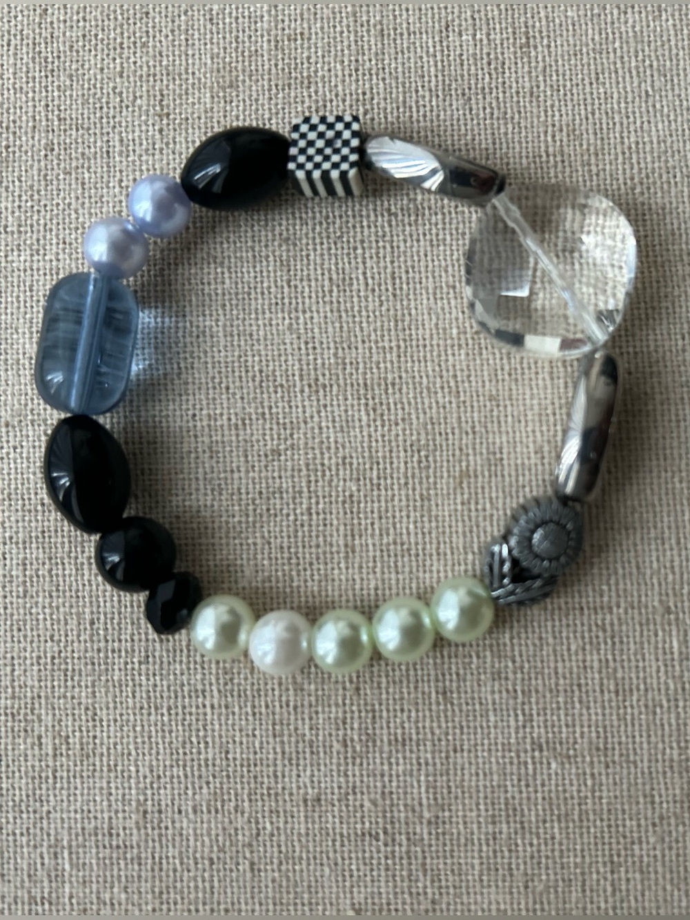 Mixed Bead Pearl and Crystal Stretch Bracelet - Black, Green, Clear